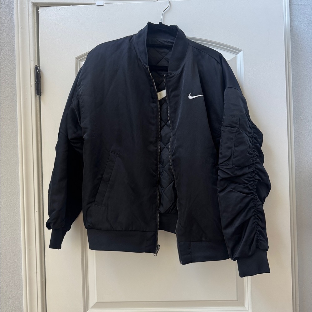 Nike Reversible Bomber Jacket Black Quilted Swoosh/ Ruched Sleeve